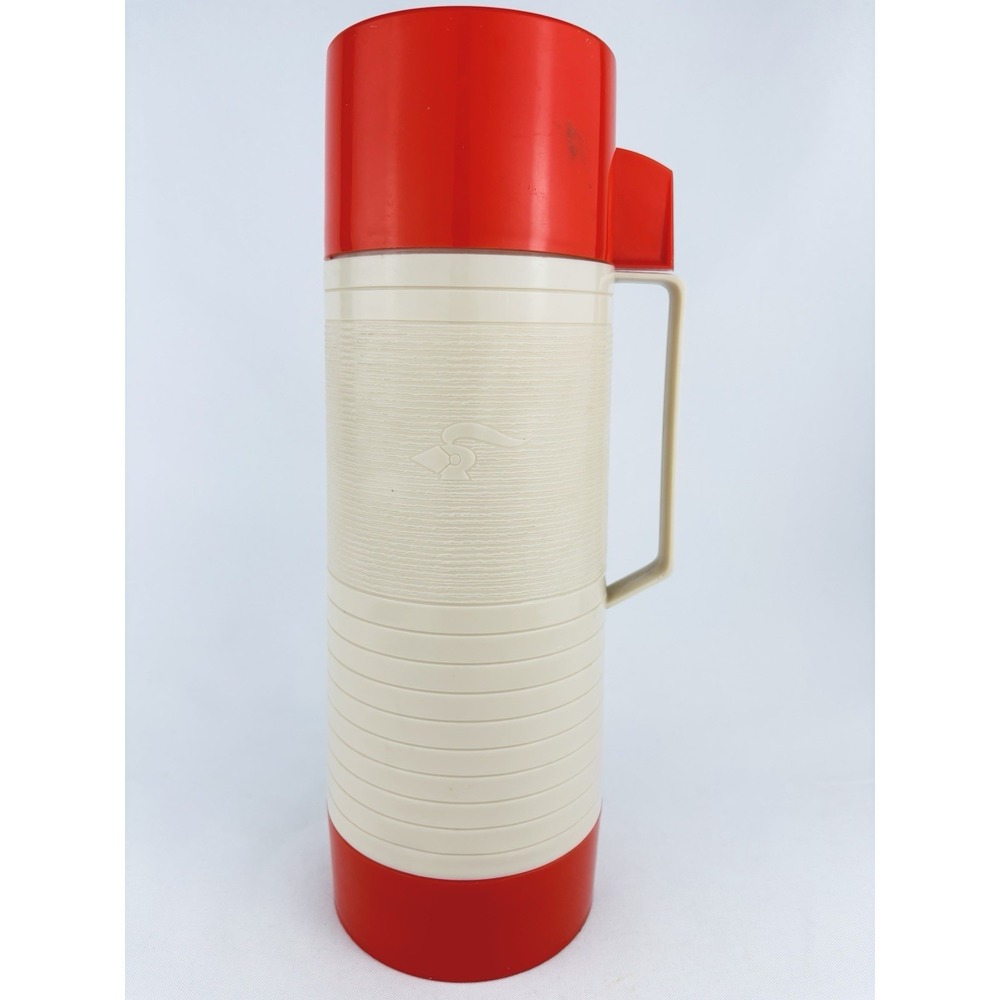 Vintage Aladdin Red White Dura Clad Thermos Vacuum Bottle 2650E 32oz